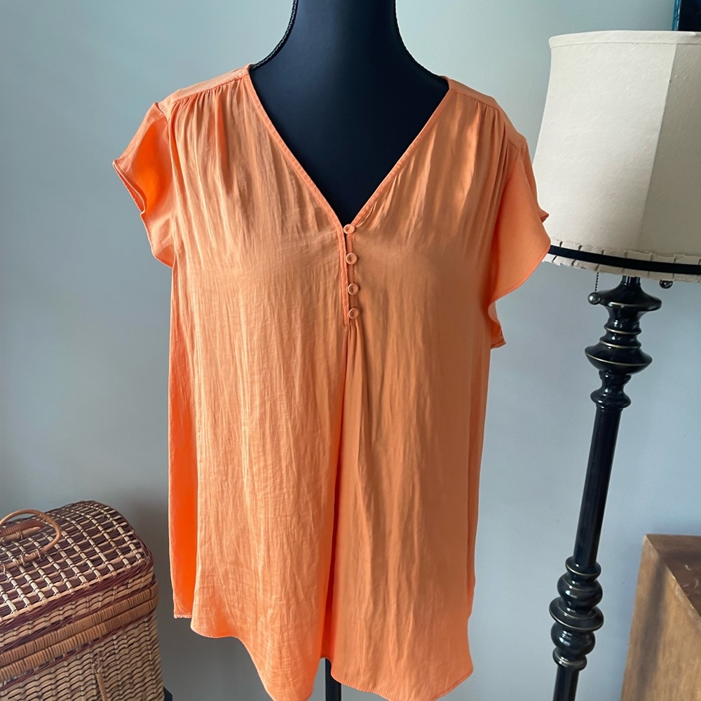 Anthropologie Maison d’Amelie Orange V Neck Blouse Size XL Flutter Sleeve Top